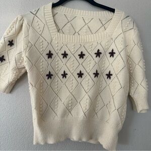 Cream Knit Sweater with Brown Accents, large